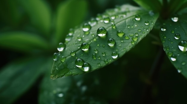 Eine faszinierende Nahaufnahme von Wassertropfen, die auf grünen Blättern gegen einen dunklen Hintergrund glänzen