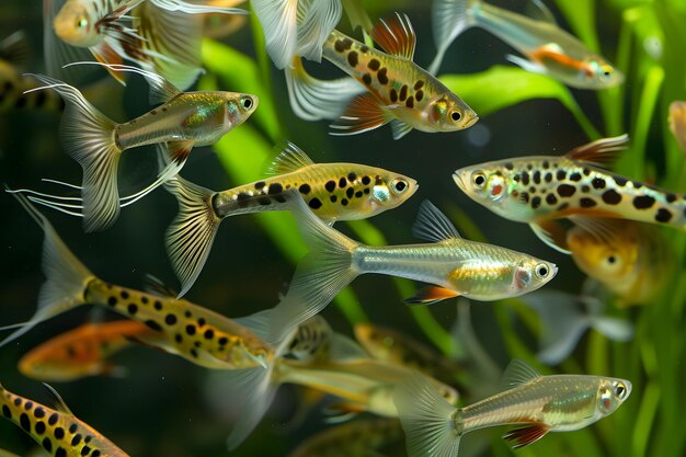 Eine faszinierende Szene atemberaubende Wasserlilien und Neonfische im ruhigen Teichwasser