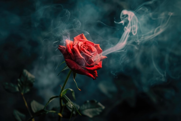 Eine faszinierende visuelle Darstellung Rauch umhüllt eine lebendige rote Rose.