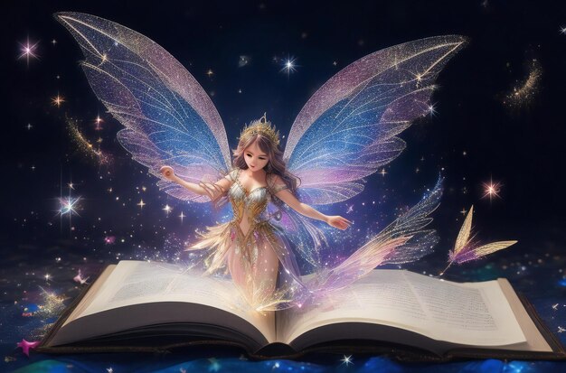 Eine Fee mit hellen Lichtern ragt aus einem magischen offenen Buch hervor.