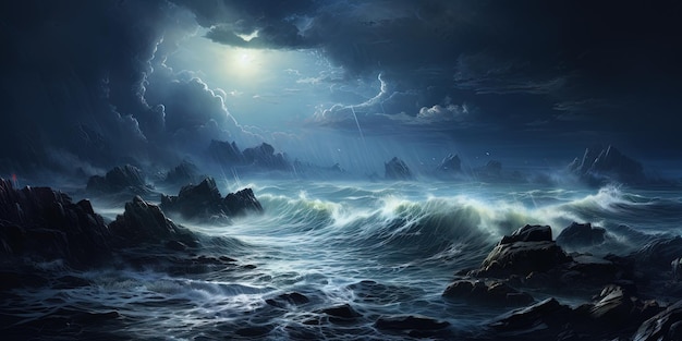 Eine felsige Küste bei einem Gewitter Blitz schlägt das Meer und beleuchtet die schaumigen Wellen