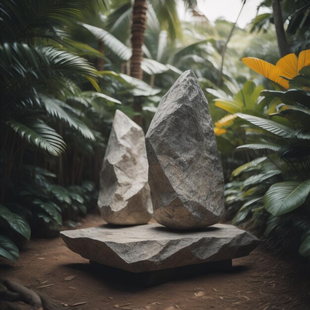 Eine Felsskulptur mitten im Dschungel mit einer Palme im Hintergrund.