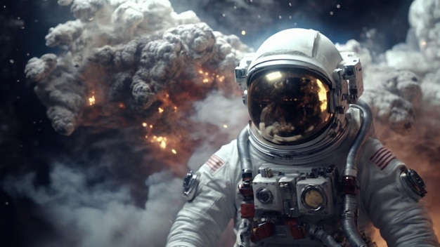 Eine fesselnde 4K-Szene eines mutigen Astronauten in einem Weltraumanzug mit weißem realistischen Rauch