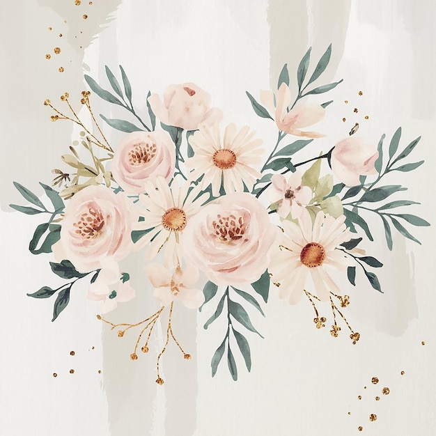 Eine fesselnde Aquarellillustration mit Blumen im minimalistischen und boho-chic-Stil mit Gold