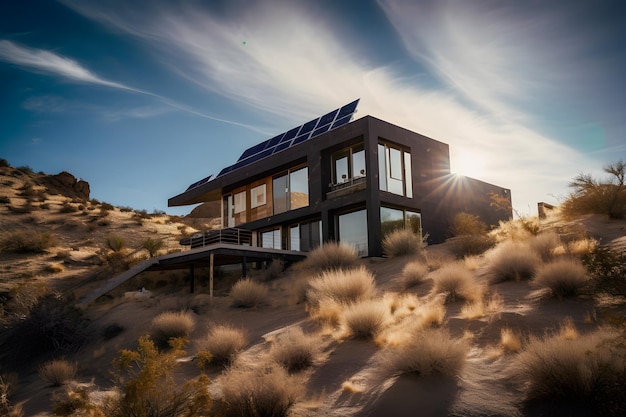 Eine fesselnde Fotografie eines modernen Hauses mit Sonnenkollektoren, die den Weg für umweltfreundliche Häuser ebnen