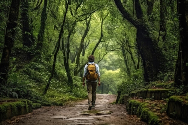 Eine fesselnde Reise Ein männlicher Wanderer erkundet einen malerischen Weg in einem üppigen Wald