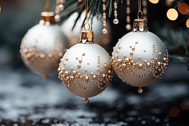 Foto eine festliche ausstellung farbenfroher ornamente, die an einem funkelnden weihnachtsbaum hängen, erstellt mit generativer ki-technologie