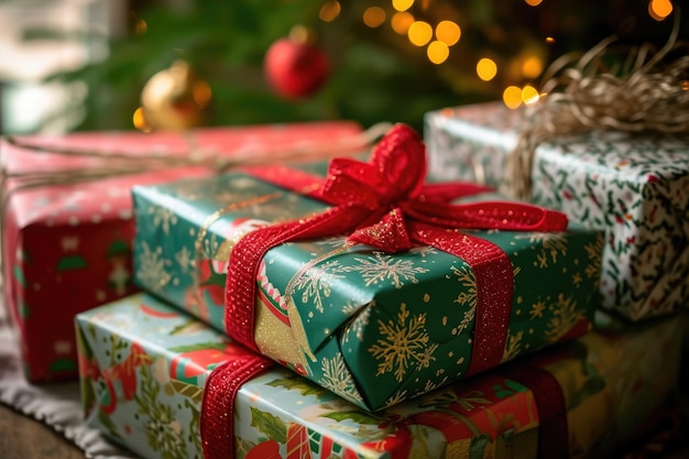 Eine festliche Szene mit einer Sammlung von verpackten Geschenken neben einem schön geschmückten Weihnachtsbaum Ein wunderschön verpackter Haufen von Weihnachtengeschenken, generiert von KI
