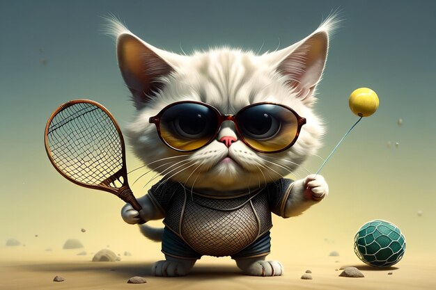 Foto eine fette katze macht sport, spielt tennis