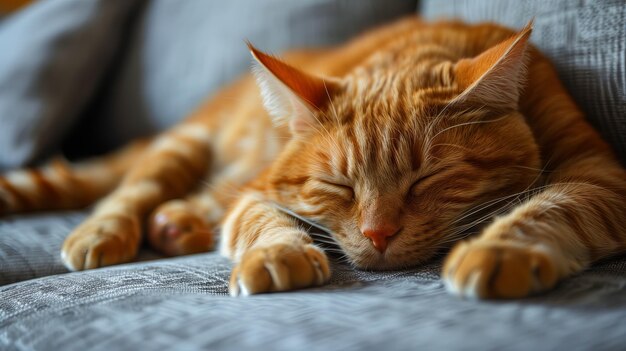 Eine fette orangefarbene Katze schläft auf dem Sofa.