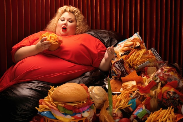 Eine fettleibige Frau, die Junkfood isst. Generative KI