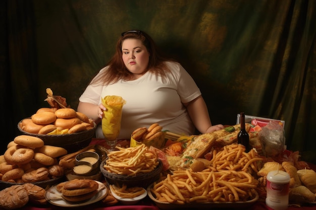 Foto eine fettleibige frau, die junkfood isst. generative ki