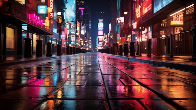 Eine feuchte Stadtstraße in der Nacht mit einem roten Glanz im Hintergrund