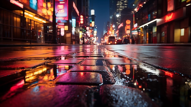 Eine feuchte Stadtstraße in der Nacht mit einem roten Glanz im Hintergrund