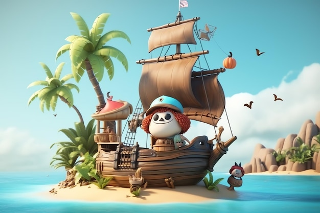 Eine Figur auf einer kleinen Insel mit einem Piratenschiff im Hintergrund.