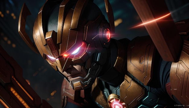 Eine Figur aus dem Spiel Iron Man mit roten Augen und einem Heiligenschein im Hintergrund.