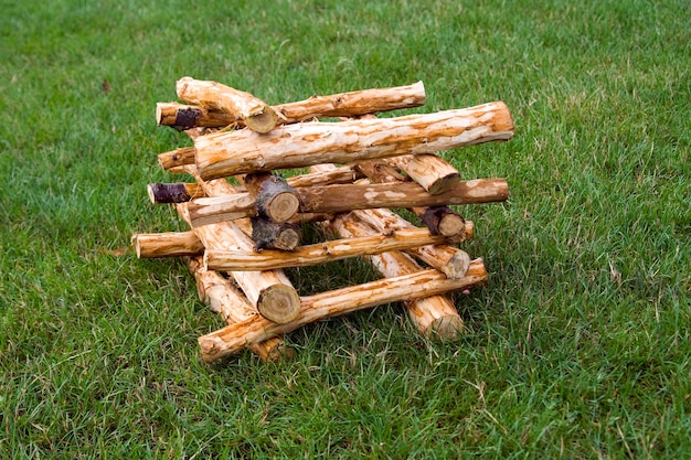 Eine Figur aus geschälten Holzstöcken auf grünem Gras