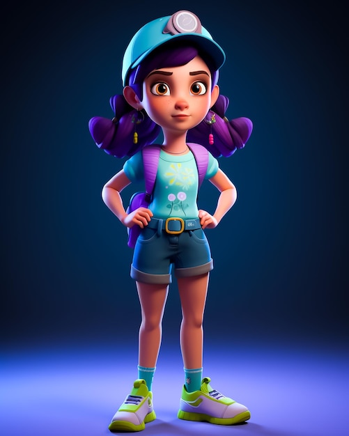 Eine Figur eines Mädchens mit lila Haaren und einem Rucksack