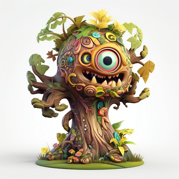 Eine Figur eines Monsters mit einem Baumstamm und Blättern darum herum.