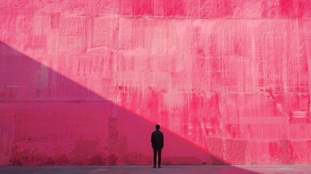 Eine Figur findet Frieden vor einem ruhigen rosa Hintergrund