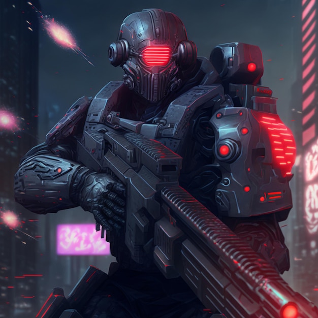Eine Figur mit einem roten Helm und einer Leuchtreklame mit der Aufschrift „Cyberpunk“.