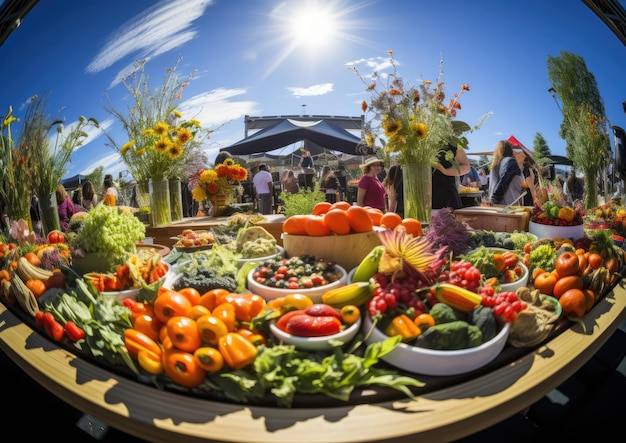 Eine Fischaugenaufnahme der Station eines Caterers bei einer Veranstaltung im Freien, die die leuchtenden Farben von Fresh einfängt