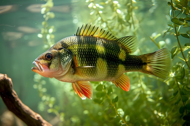 Eine Fischerei-Trophäe, die einen beträchtlichen Süßwasser-Barsch zeigt, der gegen ein lebendiges Grün im Wasser untergetaucht ist