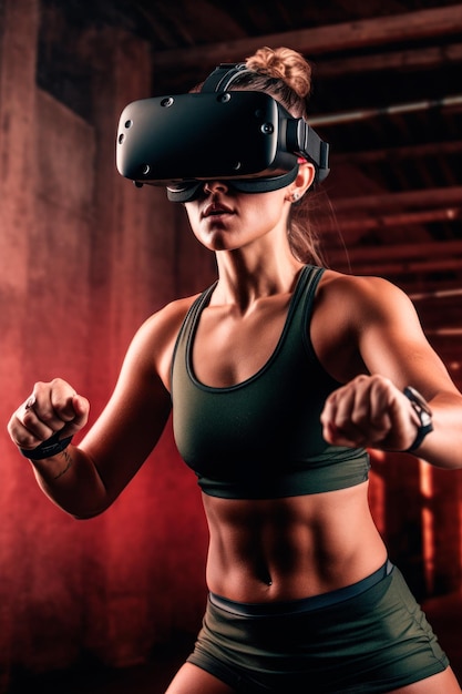 Eine Fitnessfrau, die VR nutzt, um an immersiven Workouts und generativen KI-Trainingssitzungen teilzunehmen