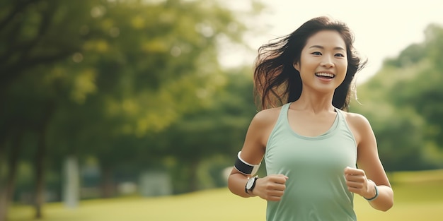 Eine fitte, glückliche asiatische Frau mit Smartwatch joggt im Green Park