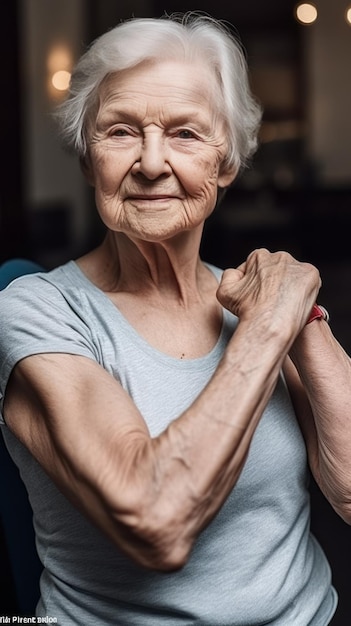 Eine fitte und stolze ältere Frau präsentiert ihre Biceps