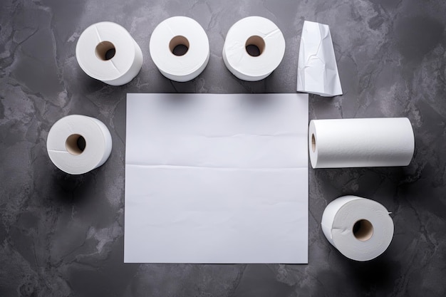 Eine flache Anordnung mit Toilettenpapier auf einem grauen Hintergrund mit einem zum Schreiben vorgesehenen Bereich