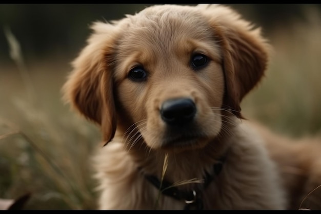 Eine flache Aufnahme eines niedlichen Golden Retriever-Hündchens, der auf einem Grasboden sitzt