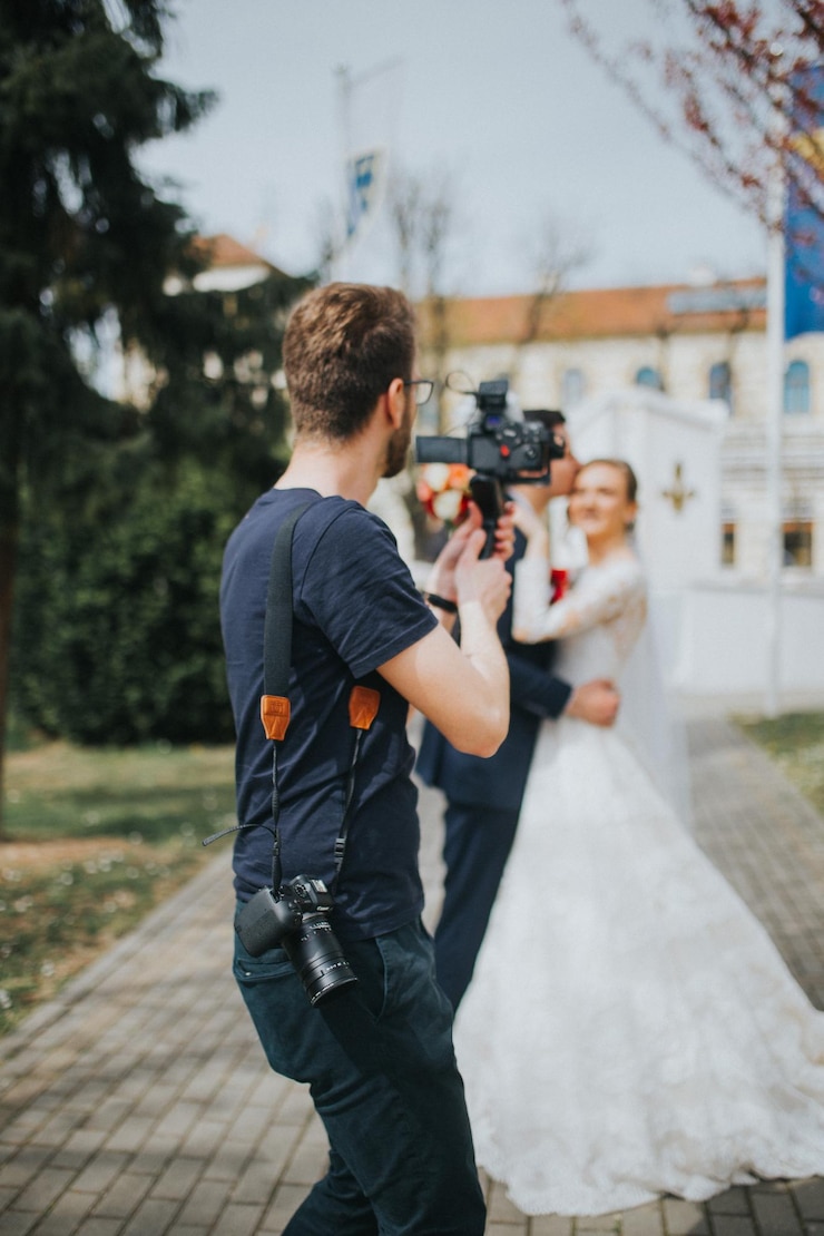 Foto eine flache fokusaufnahme eines hochzeitsfotografen macht fotos von braut und bräutigam