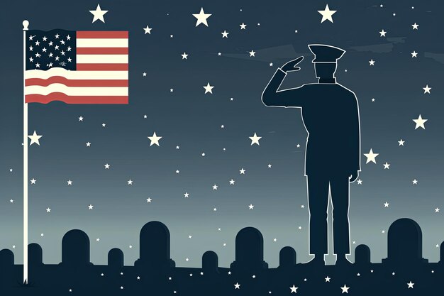 Foto eine flache illustration eines amerikanischen soldaten, der an us-fahnen und grabsteinen für gefallene soldaten salutiert