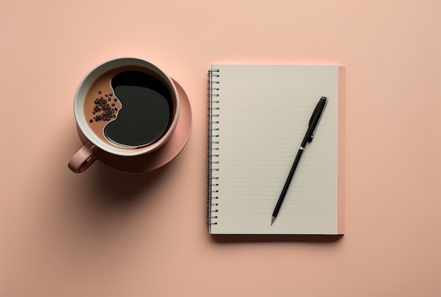 Eine flache Lage eines Notizblocks vor einem minimalistischen rosa Hintergrund und einer Tasse Kaffee