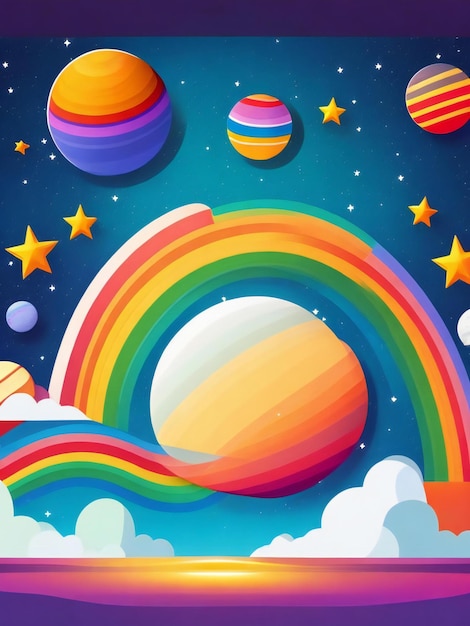 eine flache Rainbowcore-Illustration von Planeten und Sternen mit einem einfachen Feldhintergrund