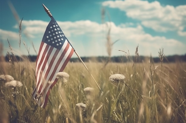 Eine Flagge auf einem Feld mit einem blauen Himmel im Hintergrund