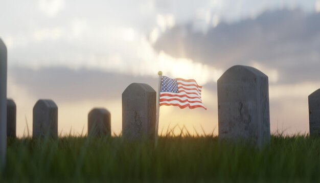 Eine Flagge auf einem Friedhof mit der amerikanischen Flagge im Hintergrund