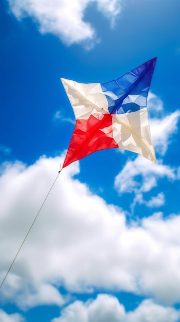 Eine Flagge, die am Himmel fliegt, mit einer rot-weißen Flagge in der Mitte