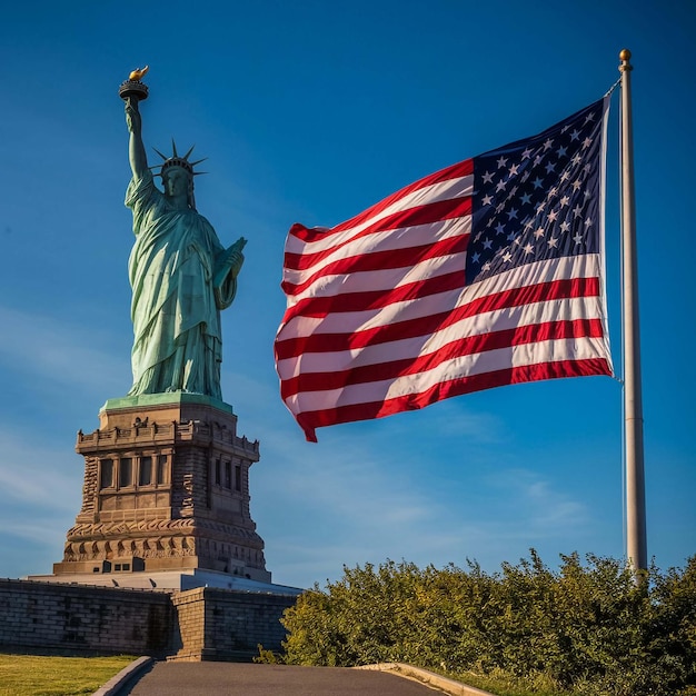 eine Flagge, die draußen mit der Freiheitsstatue im Hintergrund steht
