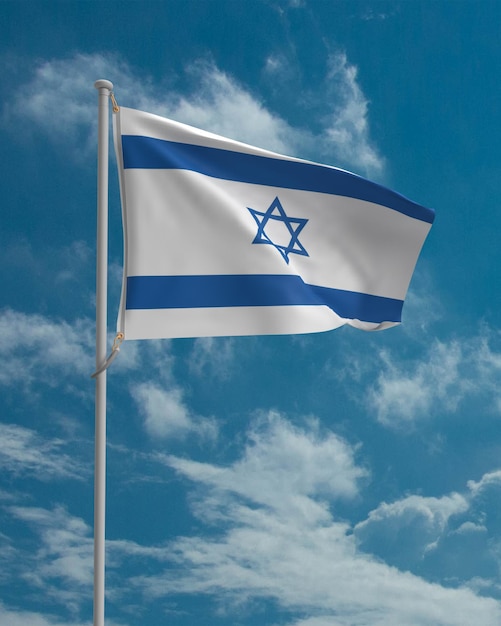 Eine Flagge Israels mit blauem Hintergrund und dem Wort Israel darauf.