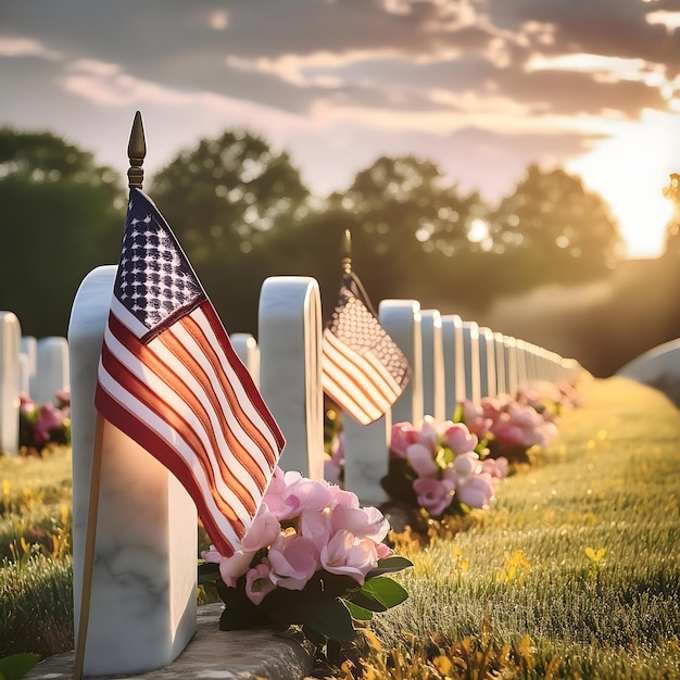 eine Flagge und Blumen werden auf einem Friedhof aufgestellt