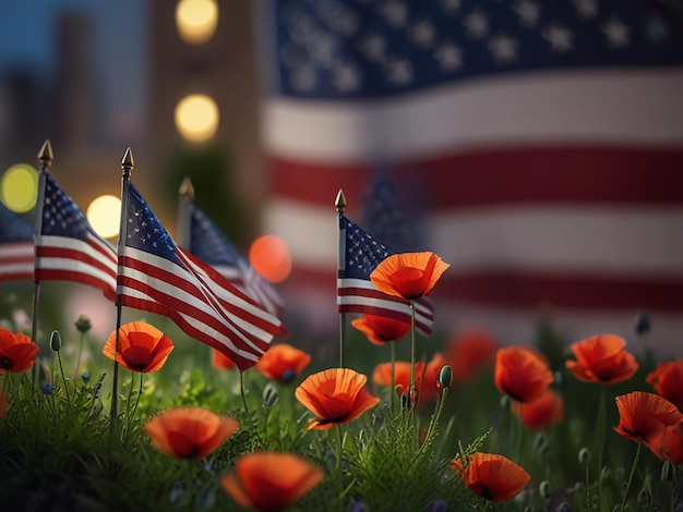 eine Flagge und eine amerikanische Flagge sind in einem Blumenfeld