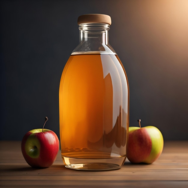 Eine Flasche Apfelsaft mit zwei Äpfeln auf einem Tisch