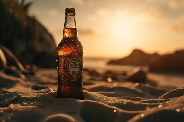 Eine Flasche Bier am Strand bei Sonnenuntergang