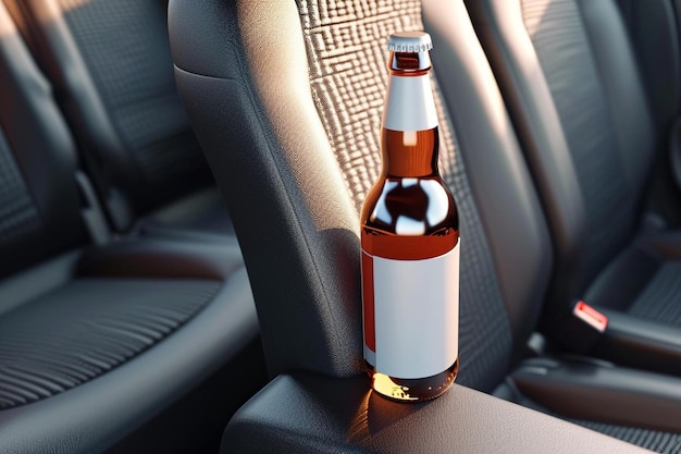 Foto eine flasche bier auf dem rücksitz eines autos.