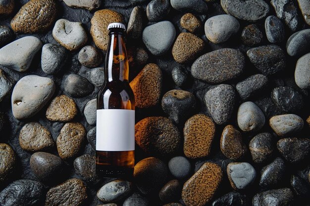 eine Flasche Bier sitzt auf einem Haufen Steine