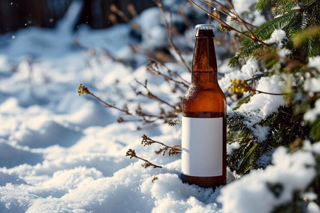 eine Flasche Bier sitzt im Schnee