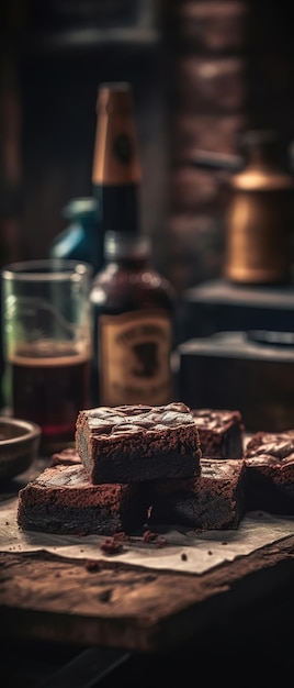 Eine Flasche Bier steht neben Brownies, im Hintergrund eine Flasche Bier.