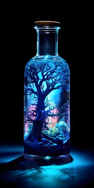 Eine Flasche Blau leuchtet mit einem Baum darin.